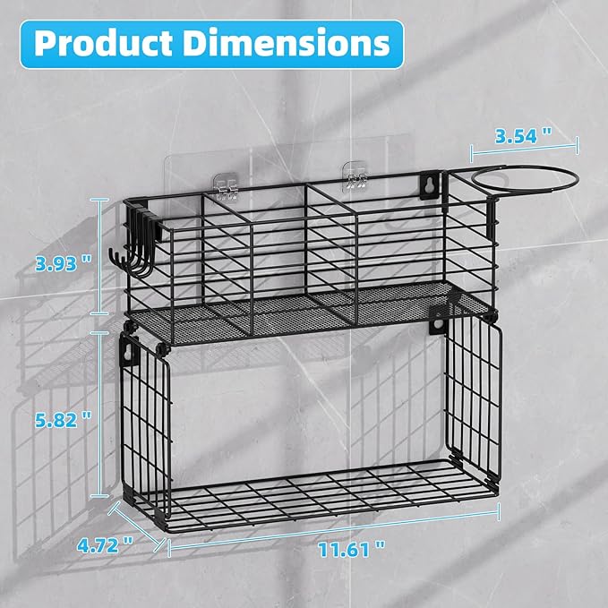 VITVITI Metal Hair Tool Organizer with Toilet Paper Basket, Bathroom Blow Dryer Curling Iron Holder Wall Mount, 2 Tiers Styling Tools Organizer for Straightener with Hooks, Black