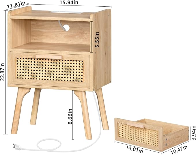 Lerliuo Rattan Nightstand with Charging Station, Boho Night Stand with Handmade Natural Rattan Drawer and Open Shelf, Cane Accent Side End Tables with Solid Wood Legs for Bedroom, Dorm, Small Spaces