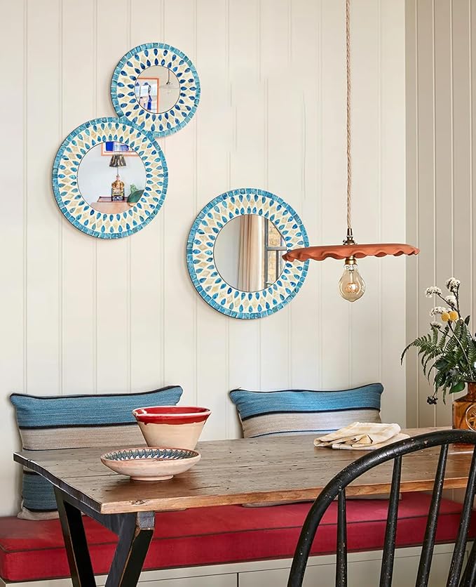 TEIPAI Handmade Mother of Pearl Mirror for Wall Decor, 3PCS Round Decorative Mirrors for Beach Nautical Home Hotel Coffee Shop, Natural Plate Art Hanging Sculpture for Dorm Apartment Entryway (Blue)