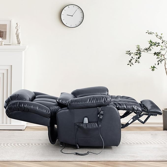 MAEVIS Large Genuine Leather Power Lift Recliner Chair, Dual Motor Recliner for Elderly,Extended Footrest and Lumbar Pillow for Tall Man,with Heat and Massage, USB and Type-C Ports(Deep Blue)