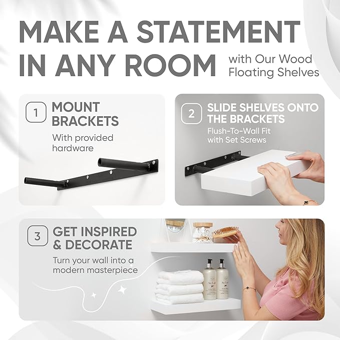 Homeforia White Floating Shelf 18 inch, High End Solid Real Wood 18inch Bathroom Floating Shelves for Wall Mounted, White Wooden 18in Floating Shelves, Heavy Duty Bracket, 18 X 6.5 X 1.75 in, Set of 3