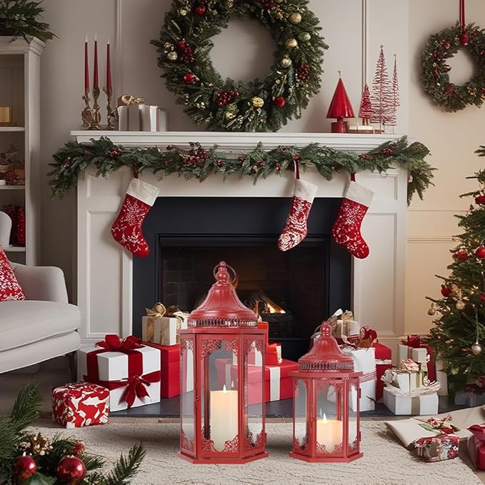 NEEDOMO Christmas Decorations Set of 2, 22''/15'' Christmas Lantern with Glass Panels for Home Decor, Decorative Hanging Lantern Indoor Outdoor for Xmas Table Centerpieces, Porch, Patio(Red)