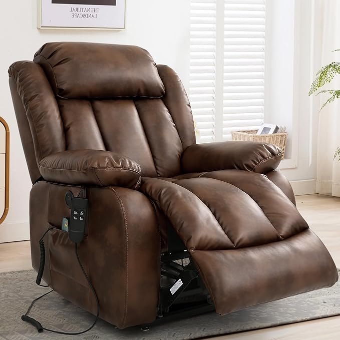 MAEVIS Power Recliner Chair, Lay Flat Sleeping Lift Chairs Recliner for Elderly with Heat and Massage,Comfy Real Breathable Leather Recliners with Dual OKIN Motor for Living Room (Ochre)