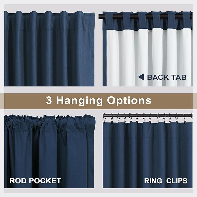 Navy Blue Curtains 102 Inches Long for Livingroom 2 Panels 100% Blackout Back Tab Pocket Cooling Sun Heat Light Blocking Linen Curtains for Bedroom Dining Room 8.5 FT Dark Blue Black Out Drapes Winter