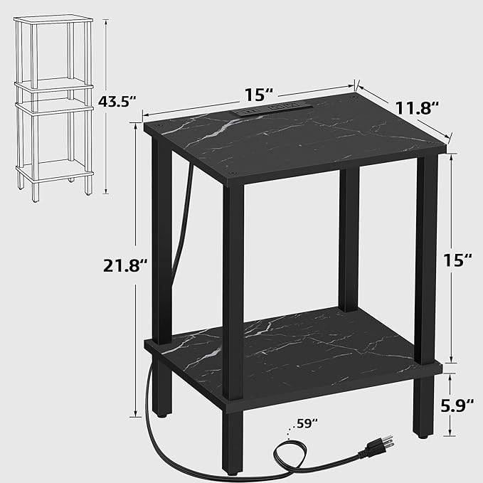 TUTOTAK End Table with Charging Station, Small Side Table, Nightstand Bedside Table, 2-Tier Storage Shelf for Small Space, Living Room, Bedroom, Marble Black TB01BMK040