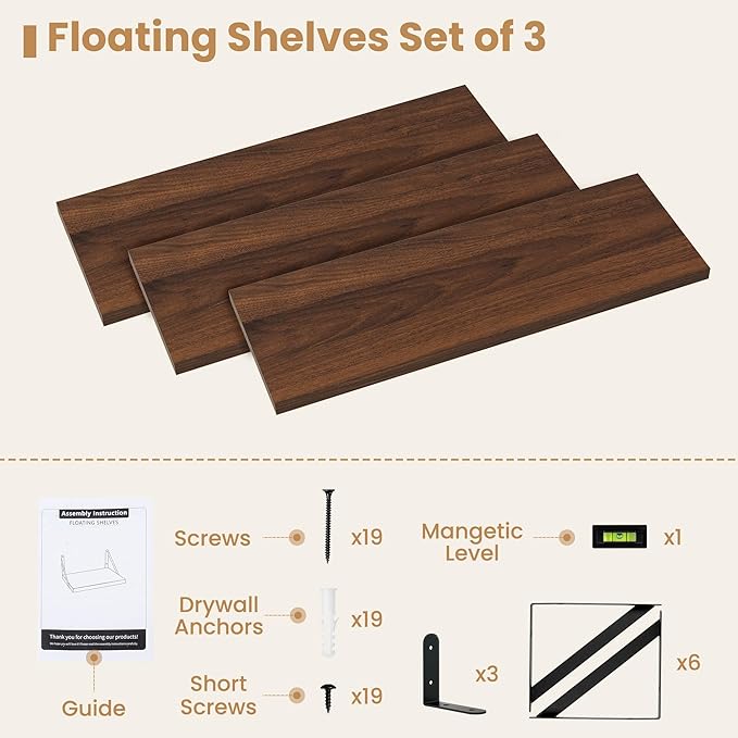 Heimlove Floating Shelves for Wall 24 Inches,8 Inches Deep Wall Bookshelf Mounted Display&Storage Wood Shelves for Kitchen Bathroom Laundry Living Room,Set of 3 (Walnut Color)