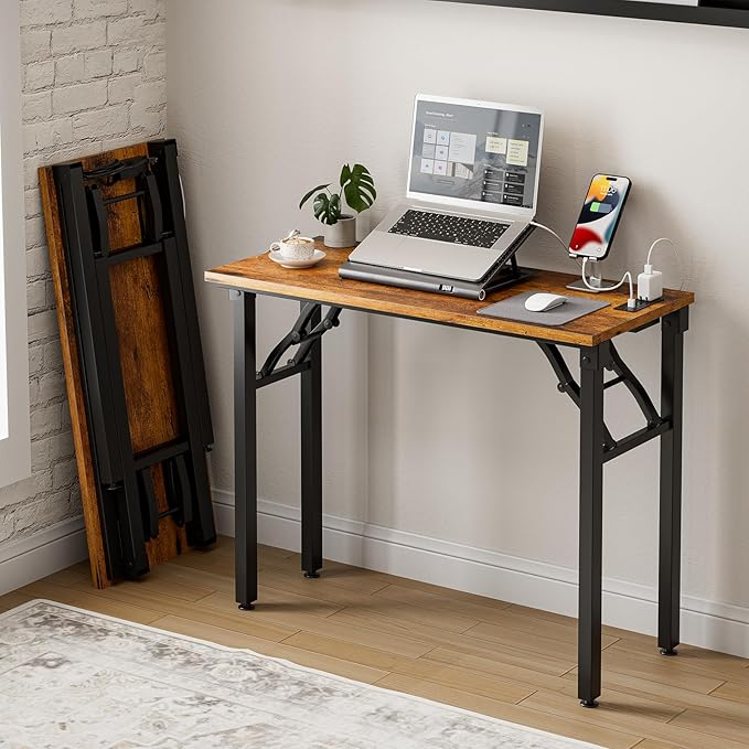 Frylr Small Folding Computer Desk β 35.8 Inch Portable Table for Craft and Study, Lightweight Desk for Small Spaces, Foldable Laptop Table Built-in AC/USB Outlets for Convenience, Rustic Brown