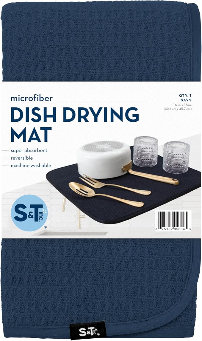 S&T INC. Dish Drying Mat, 16” x 18”, Absorbent Microfiber Kitchen Counter Mat, Dish Drying Pad for Dishes, Utensils, Pots and Pans, Large, Navy