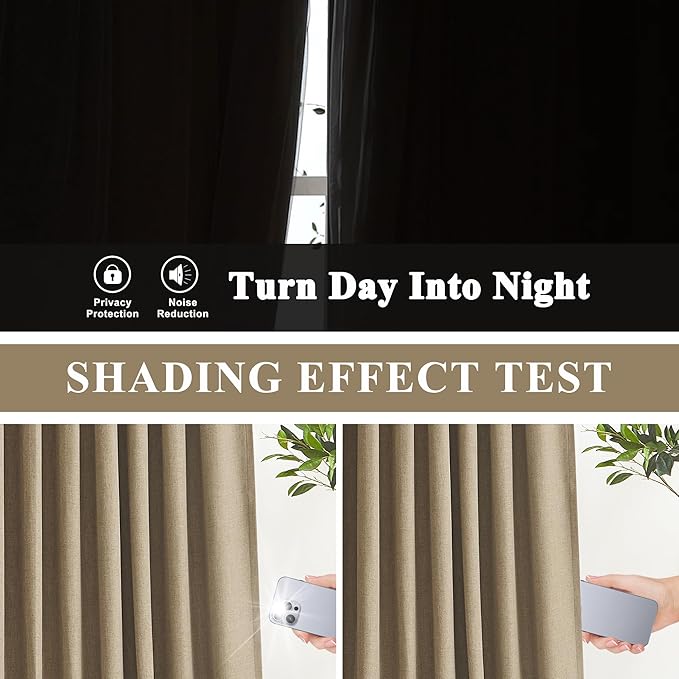 Vision Home Brown Pinch Pleated Full Blackout Curtains Linen Blended Room Darkening Window Curtains 63 inch for Living Room Bedroom Thermal Insulated Pinch Pleat Drapes with Hooks 2 Panel 40" Wx63 L