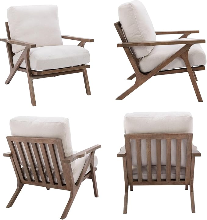 HNY Mid Century Modern Accent Chair, Farmhouse Retro Linen Upholstered Armchair for Living Room Bedroom, 23'' Seat Wide Leisure Slipper Chair with Wood Frame, White