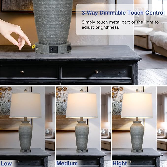 25" Grey Vintage Table Lamp Set of 2 Farmhouse Jar Table Lamps for Living Room,Touch Bedside Lamps with USB A+C Ports & AC Outlet, Pot Nightstand Lamps for Bedroom Living Room (LED Bulbs Included)