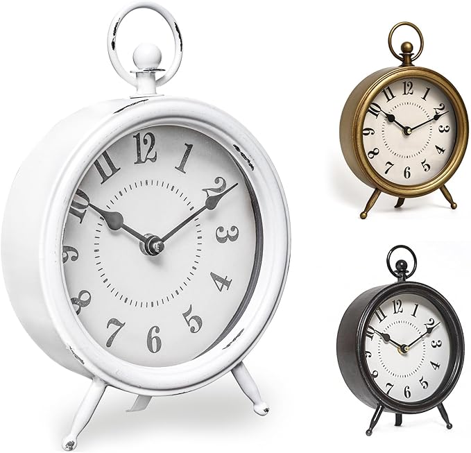 Vintage Rustic White Table Clock on Stand, Decorative Desk and Shelf Clock Farmhouse Mantel Clock Rustic Non-Ticking Clock