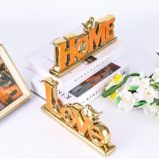 Love Sign Decoration,Orange and Gold Love Signs for Home Decor,Gold Bird Sculpture Personalized Love Decor,Gold Style Figurine Decorative Ornaments for Living Room,Bedroom,Cabinets (Love, Orange)