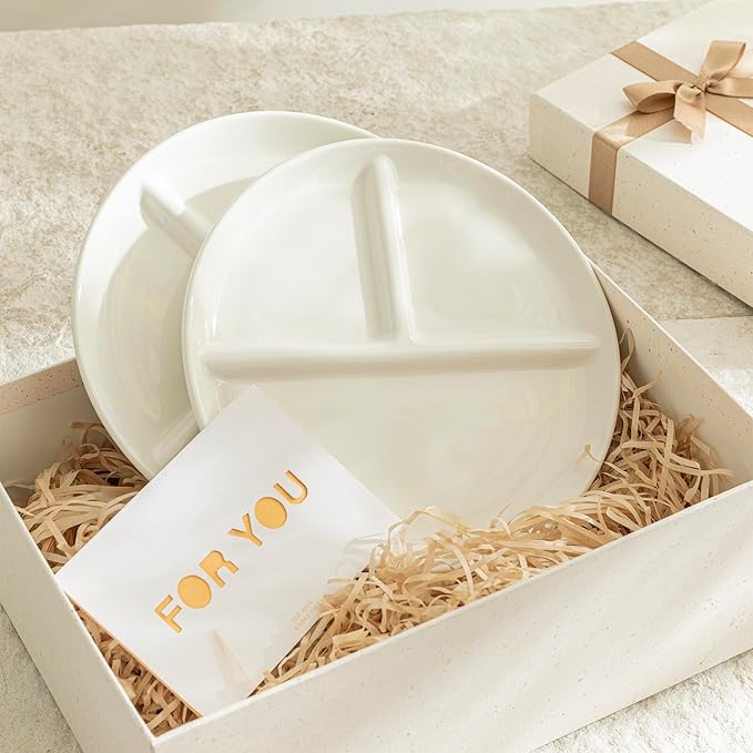 Sweese Porcelain Division Dinner Plates Set of 2, 9 Inch Divided Plates for Adults, Balanced Meal Building - White