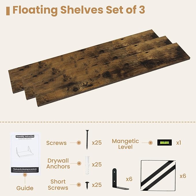 Heimlove 48 Inch Large Floating Bookshelves Set of 3,Rustic Brown Wood Wall Mounted Bookshelves,Heavy Duty Shelves for Living Room,Bedroom,Kitchen,Laundry Room Storage & Decor