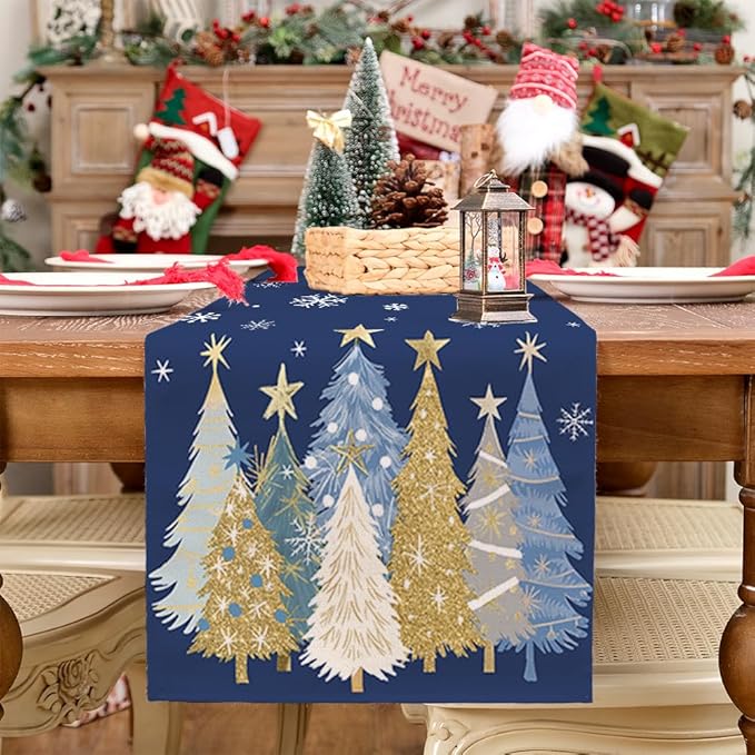 GEEORY Christmas Table Runner 13x36 Inch, Xmas Trees Snowflakes Holiday Decorative Farmhouse Table Decoration for Kitchen Dinning, Indoor Outdoor Dinner Party Decor (Blue) GT151-36