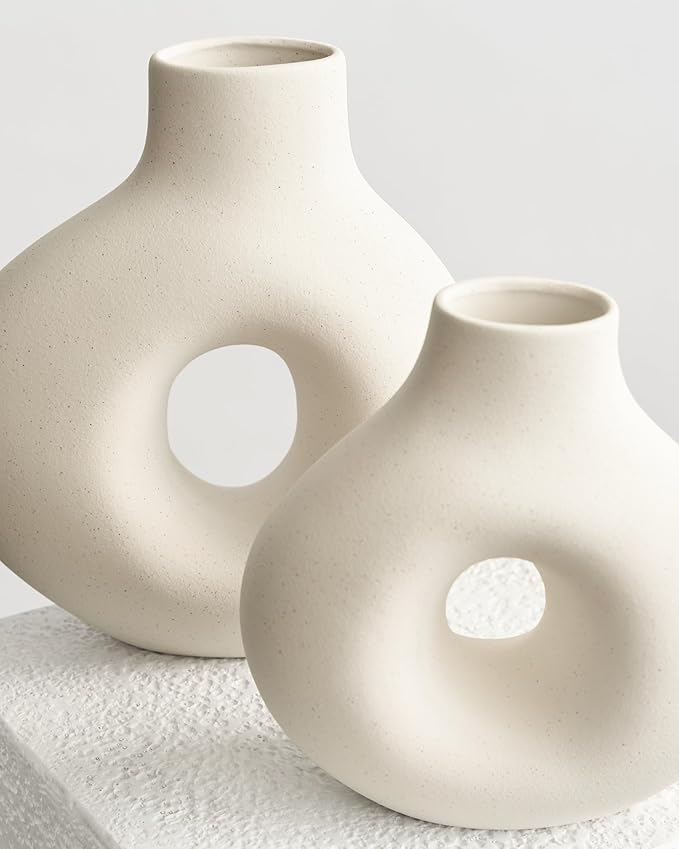 NOBULA White Ceramic Donut Vases โ Modern Home Decor for Living Room, Bedroom & Table Centerpiece - Minimalist Nordic โ Unique Vases for Olive Plant & Flowers โ Decorative Coffee Table Vase Set of 2