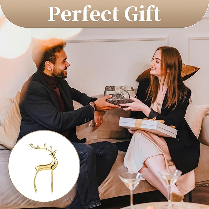Sziqiqi Reindeer Sculpture for Christmas Table Centerpieces - Gold Brass Deer Antler Statue Decor Metal Elk Figurine Modern Stag Sculpture for Christmas Decorations Indoor Animal Rein Deer Ornaments