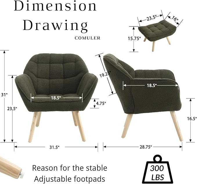 Green Sherpa Accent Chair with Ottoman ,Modern Reading Chair with Ottoman Set, Comfy Fuzzy Armchair Living Room Chair Lounge Chair with Wood Legs for Small Spaces Bedroom Apartment