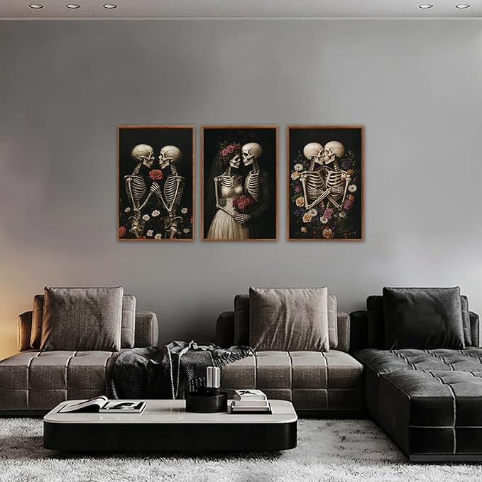 HLNIUC Halloween Rose Wedding Framed Wall Art,Vintage Skeleton Rose Canvas Prints,Abstract Romantic Theme Wall Decor Set of 3(16”x24”)Dark Romance Framed Painting,Roses Skull Art Print for Living Room