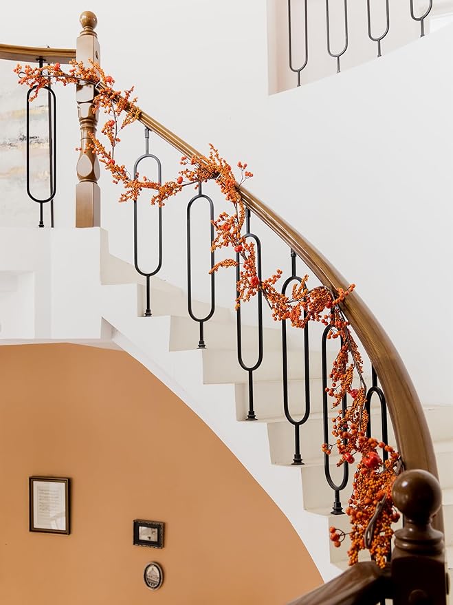 MISSPIN 6FT Pumpkin Berry Garland, Halloween Garland Fall Maple Leaf Artificial Hanging Autumn Vine Leaf Fall Decor Black Maple Fall Leaf Christmas Thanksgiving Halloween Home Decor