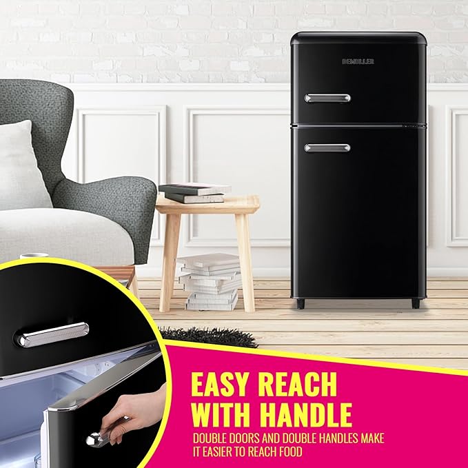 Mini Fridge Dual Door Refrigerator with Freezer, 3.5 Cu.Ft Compact Refrigerator with Handle, Adjustable Temperature & Removable Glass Shelves, for Apartment/Dorm/Office/RV, Black