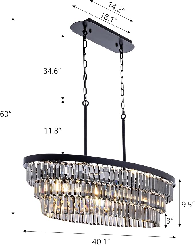 TOCHIC Chandelier for Dining Room 40 inch, Modern Crystal Chandelier for Living Room, Black Kitchen Chandelier Island Lighting, Oval Contemporary Ceiling Light Fixture for Bedroom, Smoke Grey