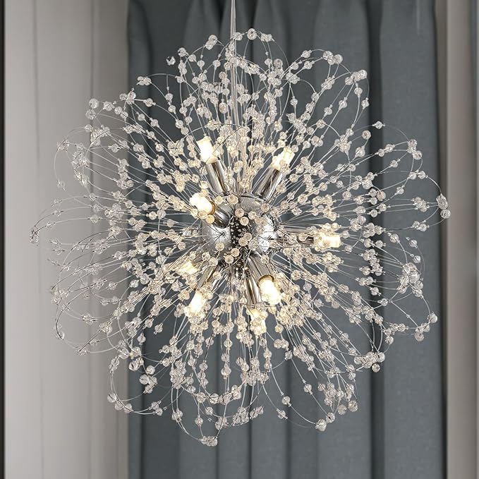 Sputnik Crystal Chandelier, Modern Beaded Ceiling Lamp with Chrome, Round Dandelion Pendant Light Fixtures for Living Room Bedroom Dining Room Farmhouse Kitchen Island (Chrome 9Lights)