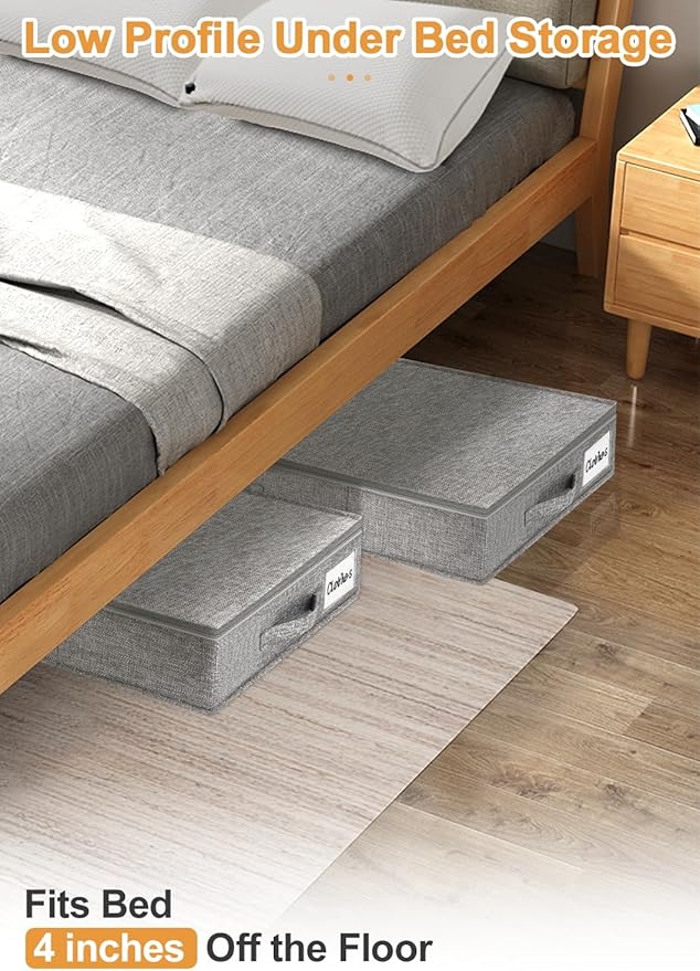 punemi Low Profile Under Bed Storage, 4 Inch Height Underbed Storage Containers With Sturdy Sidewalls & Bottom, Shallow Under Bed Organizer Clothes Storage Bins, Slim Under Couch Sofa Dresser Storage