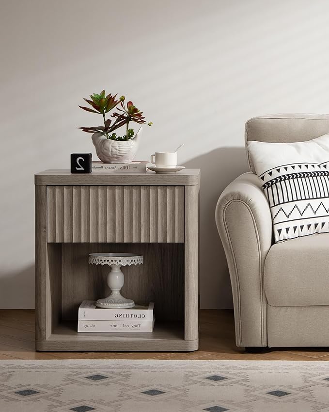 SICOTAS Night Stand Nightstand with Drawer Storage Fluted Bed Side Table End Table Large Modern Wide Bedside Stand Mid Century Night Stands for Bedroom Living Room Sofa Couch Home Office, Grey Alder