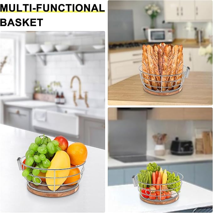 Livabber Countertop Fruit Basket Bowl with Banana Hanger, Modern Standing Fruit Vegetable Bowl Storage, with Banana Tree Holder for Kitchen Dinning Table (Round Wood, Chrome)