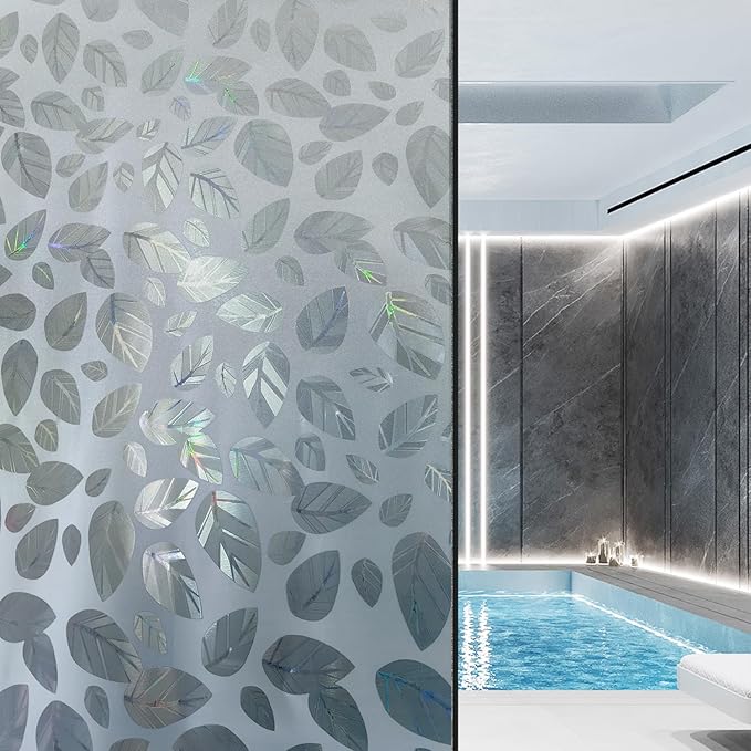 Frosted Glass Window Privacy Film Decorative, Bathroom Privacy Film for Glass Windows Cover, Static Cling, Removable, Reusable, Anti-UV, Anti-Glare, Heat Blocking,(Leaf White 17.5X78.7Inch)