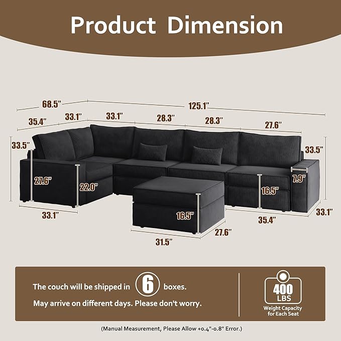HOOOWOOO Modular Sectional Couch Sofa,125X69 U L Shaped Oversized Couch Sets Free Combination,6 Pieces Extra Deep Sofa with Ottoman for Living Room(Black Corduroy)