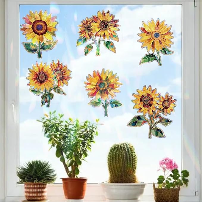 12pcs Window Decals for Bird Strikes, Anti Collision Window Clings, Rainbow Reflection Window Sticker, Sunflower Style Sun Catcher Stickers for Glass Windows