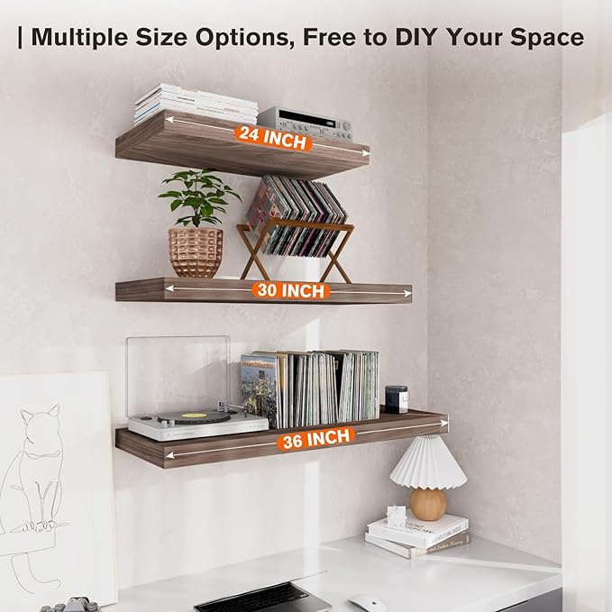 Floating Shelf, Set of 2 Wall Shelf, 24 in W x 12.75 in D x 2 in H Wooden Floating Wall Shelf with Invisible Brackets for Living Room/Bedroom/Bathroom/Kitchen Storage and Decor, Walnut