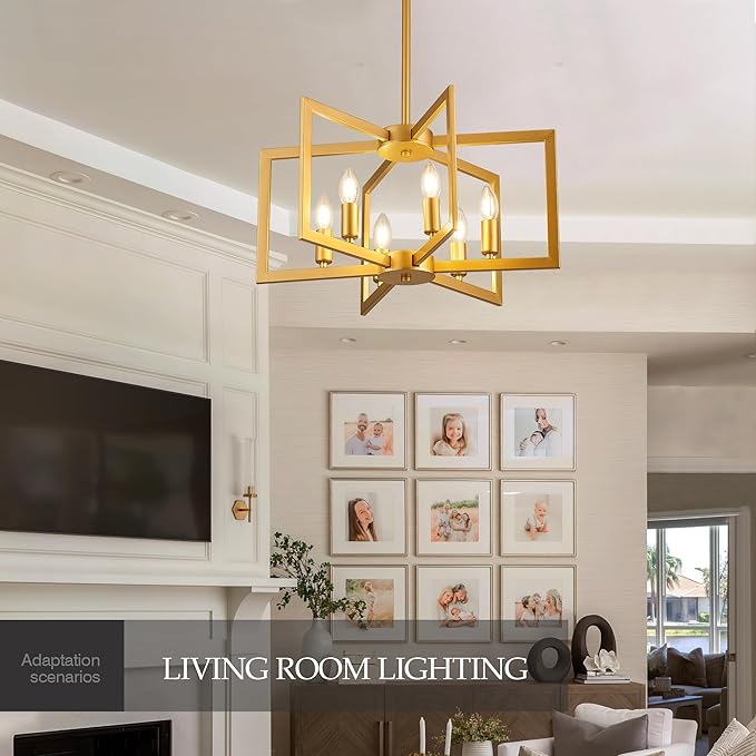 Modern Farmhouse Gold Chandeliers for Dining Room, 6-Light Industrial Metal Chandeliers Geometric Pendant Lights Kitchen Island for Entryway Stairway Foyer Hallway
