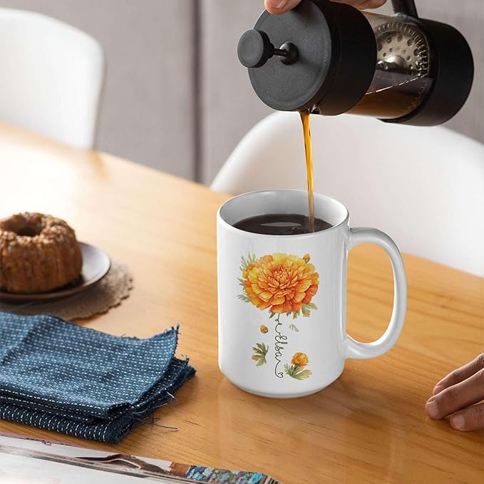 Unique Marigold Themed Ceramic Mug, Personalized Name Flower Accent Cup, Lovely Floral Coffee Mug 11oz 15oz, Custom Ceramic Mug For Flower Lover, Customized Marigold Decorative Cup