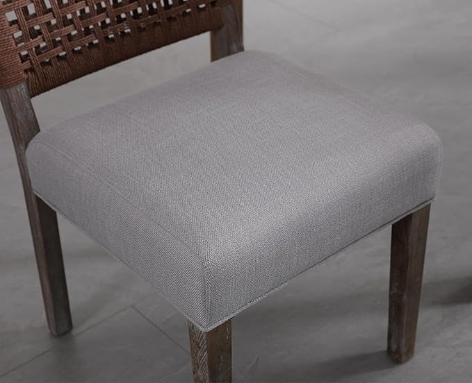 Kmax Farmhouse Dining Chairs Set of 4, Rustic Kitchen Chairs with Linen Fabric Seat and Woven Back, Vintage Accent Chairs for Dining Room, Living Room, Grey