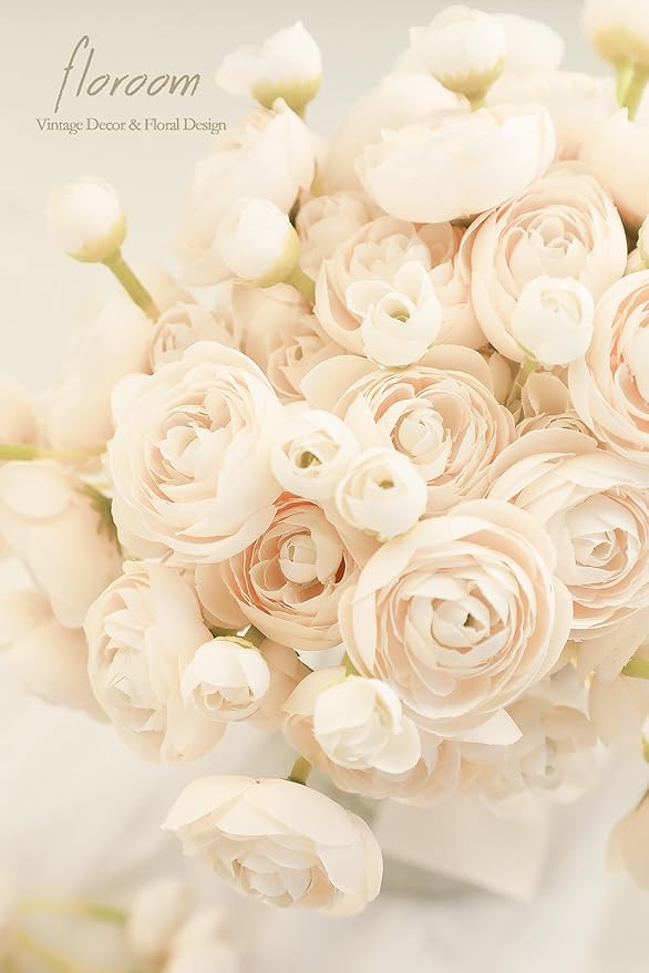 Floroom Ranunculus Artificial Flowers 18 Pcs Champagne Faux Silk Mini Ranunculus Bulk Fake Wedding Filler Flowers for DIY Cream Bouquets, Centerpieces, Bridal Shower Decorations & Arrangements