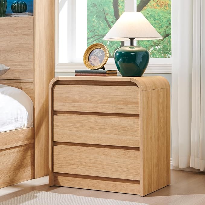 25" Tall Modern Nightstand with Charging Station, 23.6'' Wide Wood Bedside Table w/3 Storage Drawers, Small Dresser w/Curved Profile Design, End Table for Bedroom, Natural Oak