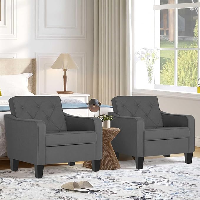 STHOUYN Living Room Chairs Accent Chairs Set of 2, Waiting Room Arm Chairs, Reading Chairs for Bedroom Comfy Club Chair Tufted, Office Small Space (2, Grey)