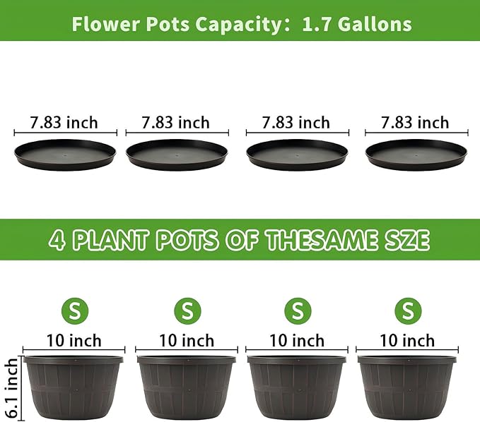 Quarut 10 inch Plastic Flower Pots for Outdoor Plants,4 Pack Large Outdoor Planter Pot with Drainage Holes & Saucers,Imitation Wine Barrel Design,for Indoor Outdoor Garden Plants(Brown)