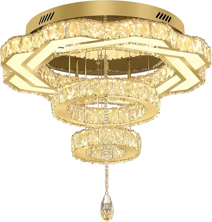Flashing God Modern Crystal Chandeliers Dia 24" Gold Chandelier Flush Mount Ceiling Light for Bedroom Living Room Dining Room Hallway Dimmable 3 Rings LED Celing Lighting Fixtures