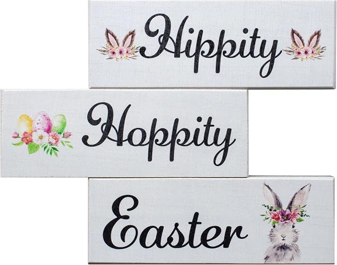 JennyGems Easter Bunny Decor 3pc Wooden Block Set, Tiered Tray, Wreath and Tabletop Decor for Easter Decorations