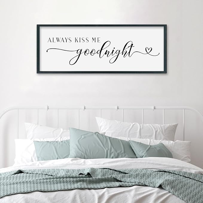 SRSZHIYUE Always Kiss Me Goodnight Sign Wall Decor Art for Master Bedroom Above Bed 32"×12" Large Wood Framed Wall Hanging (Black)
