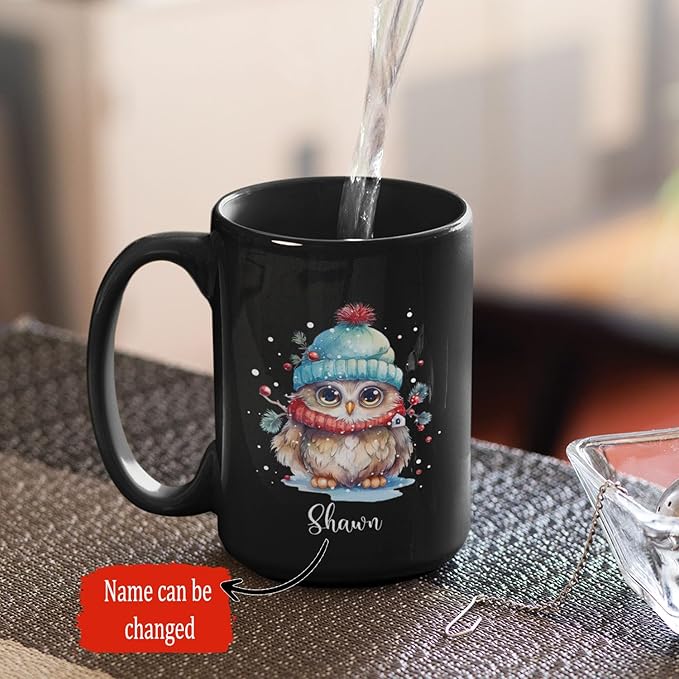 Winter Owl Design Coffee Mug - Custom Christmas Animal Black Cup, Personalized Name Themed 11oz 15oz Ceramic Cup for Owl Lovers, Xmas Decorative Gift