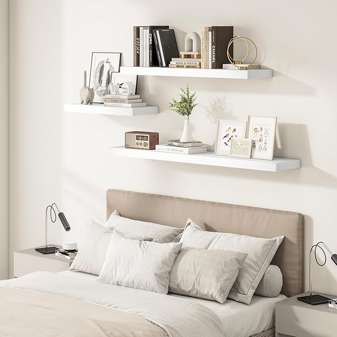 White Floating Shelves for Wall, 48 Inch X 12 Deep Shelves for Room Wall Mounted,2" Thick Heavy Duty Holds 75lbs Floating Shelf for Bedroom Bathroom Kitchen Laundry Room, Set of 2