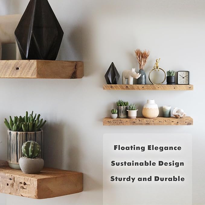Urban Legacy Reclaimed Barnwood Planks | Floating Shelves for Wall w/Flush Mount Shelf Bracket Set Included | Set of 2 (Natural, 24"x7"x2")