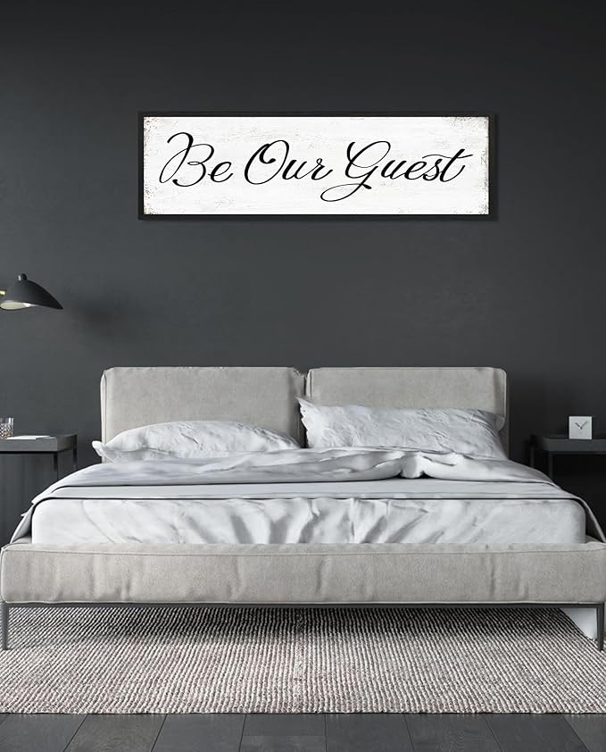 HLJ ART Be Our Guest Wall Decor: Farmhouse Bedroom Art Above Bed, 12" x 40" Framed Large Guest Room Signs, Rustic Country Decorative Plaques for Home Living Room Kitchen