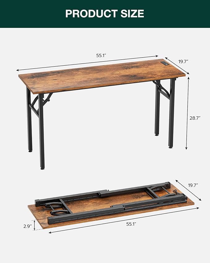 Frylr Small Folding Computer Desk β 55.1 Inch Portable Table for Craft and Study, Lightweight Desk for Small Spaces, Foldable Laptop Table Built-in AC/USB Outlets for Convenience, Rustic Brown